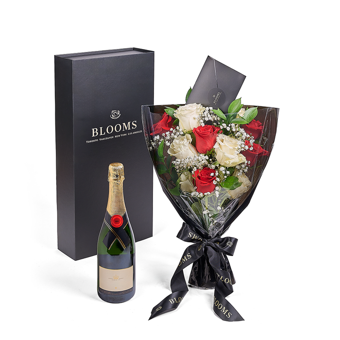 Valentine's Red and White Rose Bouquet with Sparkling Wine Gift – gift basket with this gift includes six red and six white and this gift also