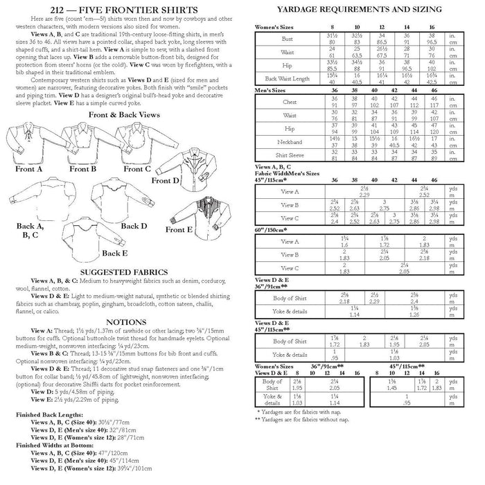 Photo of back cover showing yardage charts and size chart. Fabric suggestions are included.