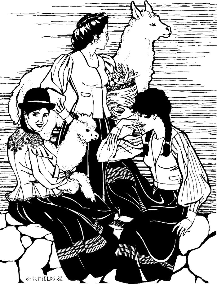 Black and white pen and ink drawing by Gretchen Shields.  Three women wearing traditional jackets.  Woman in center is standing holding a basket in front of an alpaca. Two women are sitting on rocks in front of her.  Woman on left is holding a young alpaca.