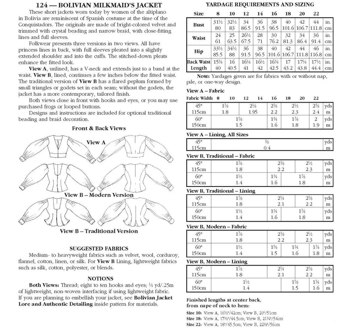 Photo of back cover of pattern.  Shows size and yardage charts, views and descriptions, and fabric suggestions.