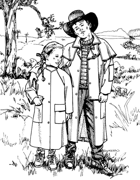 pen and ink illustration of a boy and girl standing in a field wearing drovers coats.  Illustration by Gretchen Schields.