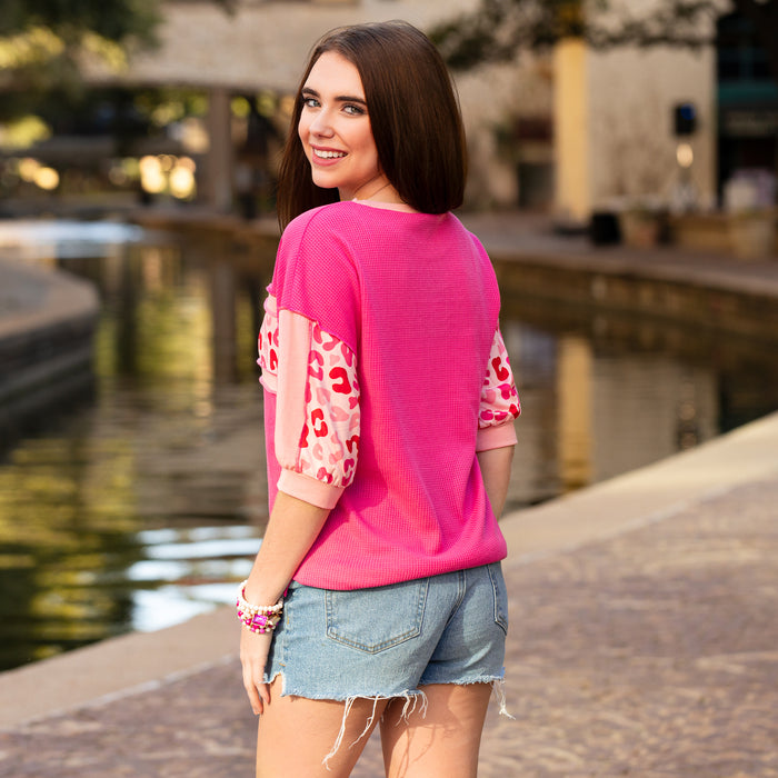 20306 - Pink Leopard Color Block Top