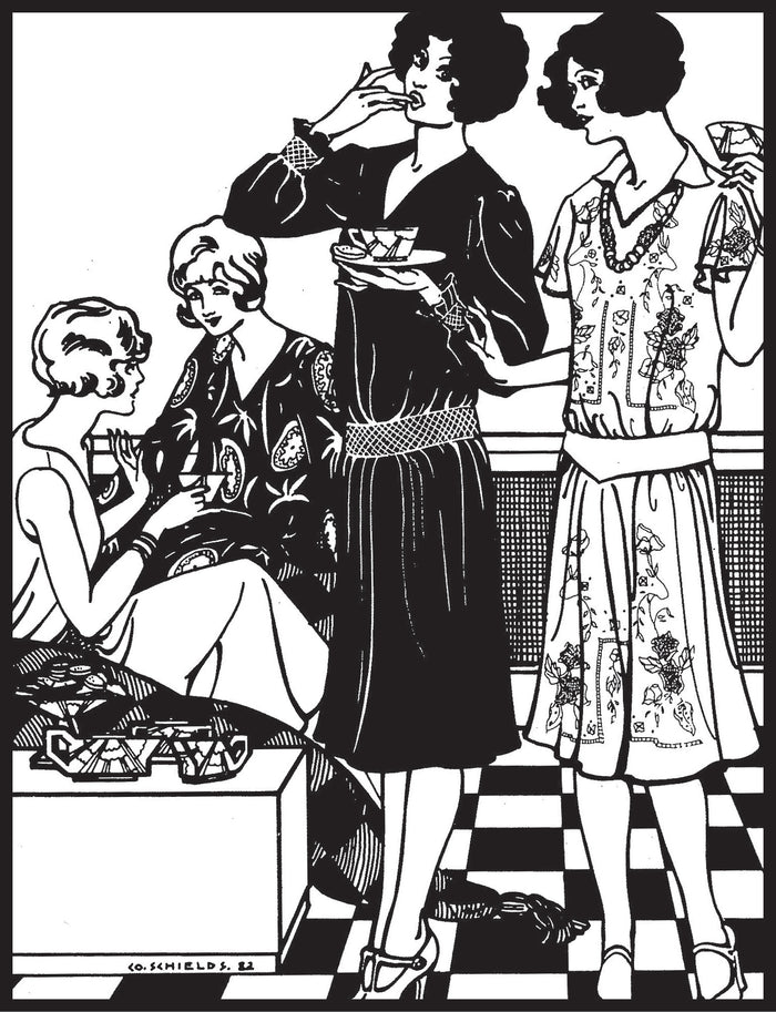Illustration of three women in vintage tea frocks in a room with a checkered floor.