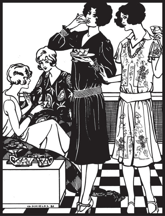 Illustration of three women in vintage tea frocks in a room with a checkered floor.