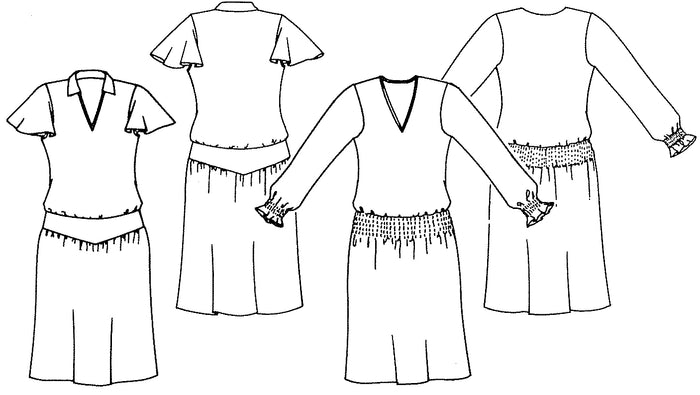 Line drawings of women's tea frocks on a white background