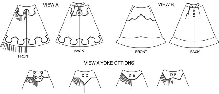 Black and white flat line drawings of front and back view of View A and View B and View A yoke options