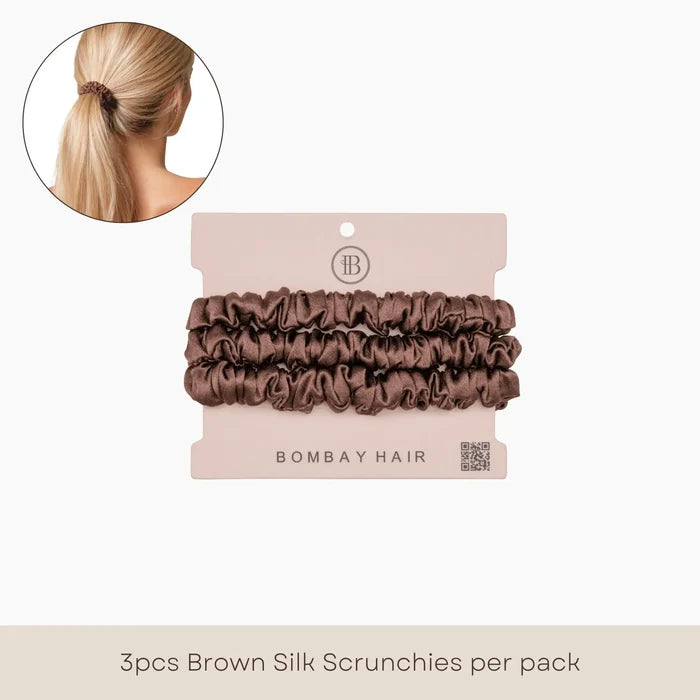3 Silk Scrunchies (Skinny) - Brown