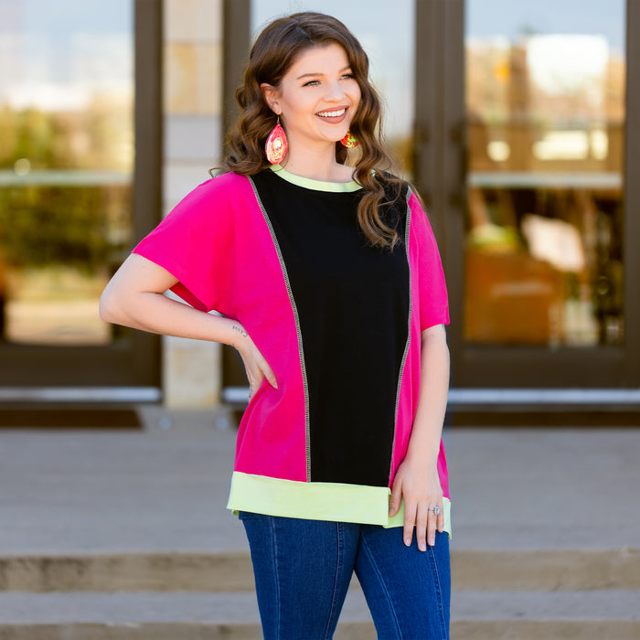 50056 - Color Block Half Sleeve Top - Black Pink