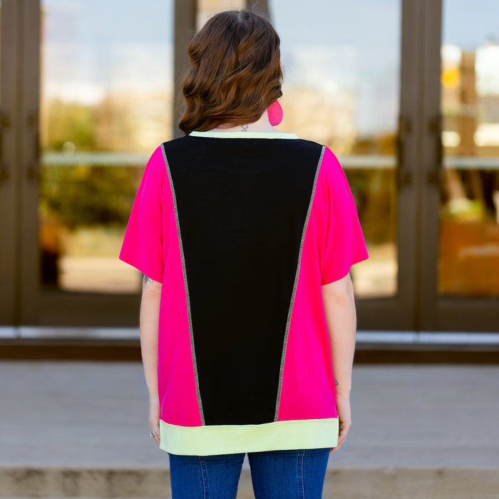 50056 - Color Block Half Sleeve Top - Black Pink