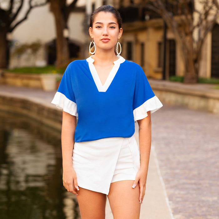 50061 - Ruffle Sleeves V-Neck Top with White Trim - Royal Blue