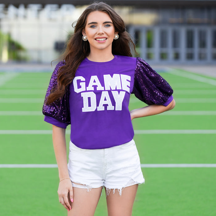 50139 - Game Day Sequin Bubble Sleeves Top - Purple