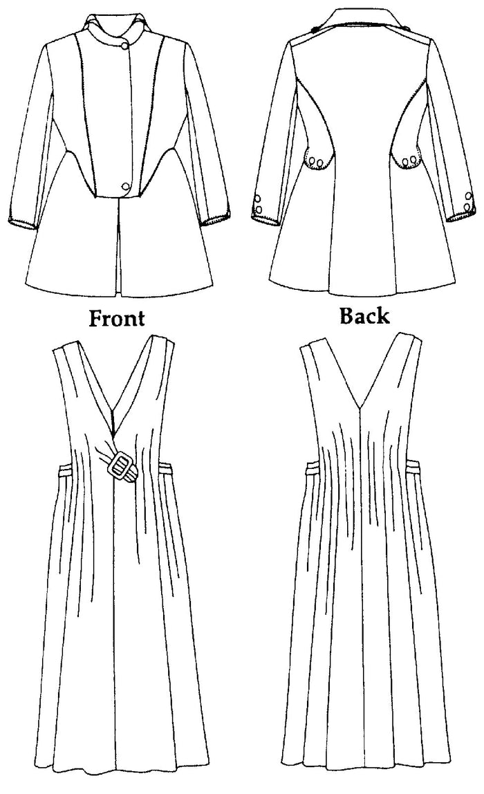 Black and White pattern drawings of the front and back views of the Jacket and Jumper