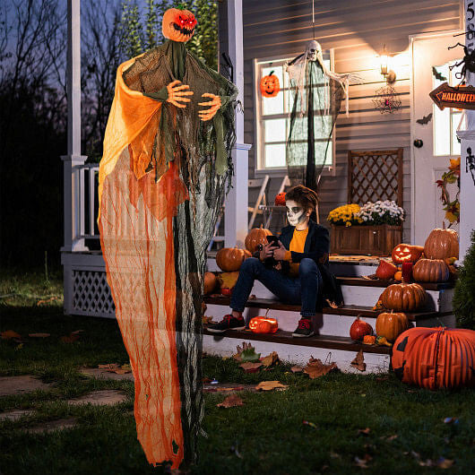 6 Feet Hanging Pumpkin Ghost with Red Glowing Eyes and Bendable Arms