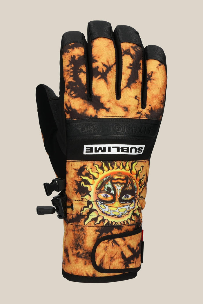 The 686 Mens Infiloft Recon Glove by 686 is a winter PU glove in black and orange tie-dye, featuring a stylized sun with a face and SUBLIME above it, shown upright on a beige background.