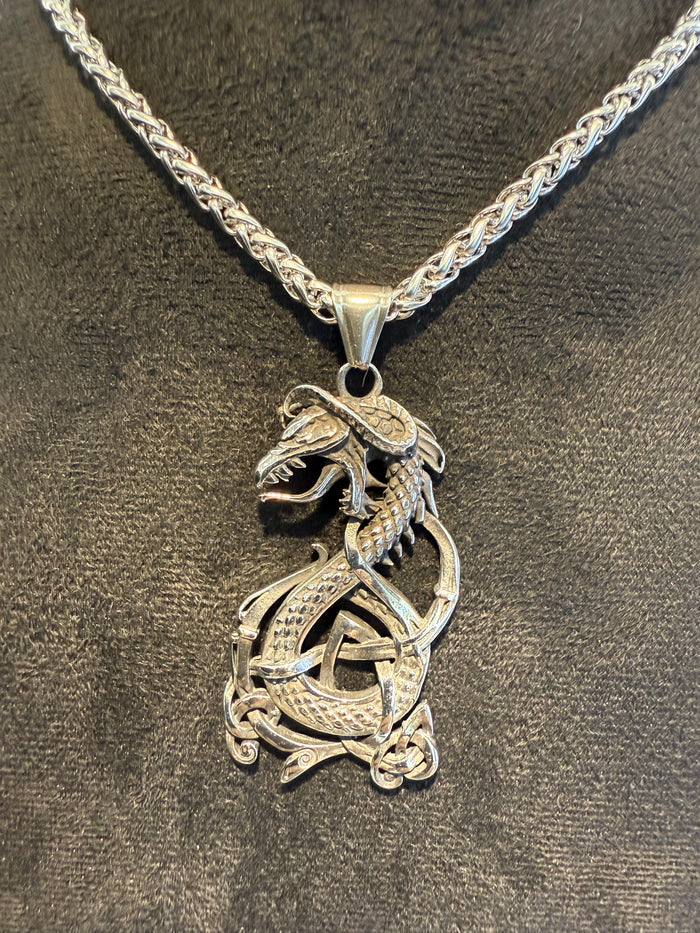 Silver Titanium dragon pendant necklace on a titanium serpentine link chain