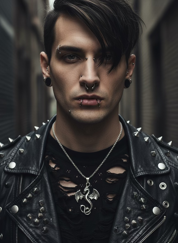 Person wearing a black leather jacket with studs and a black shirt, standing against a dark background.