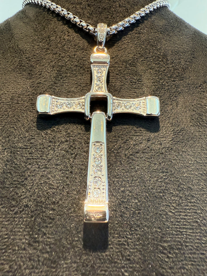 Hinged Titanium & Cubic Zirconia Cross Pendant and Necklace Set