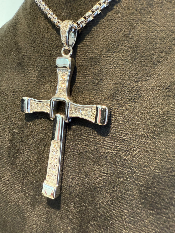 Hinged Titanium & Cubic Zirconia Cross Pendant and Necklace Set