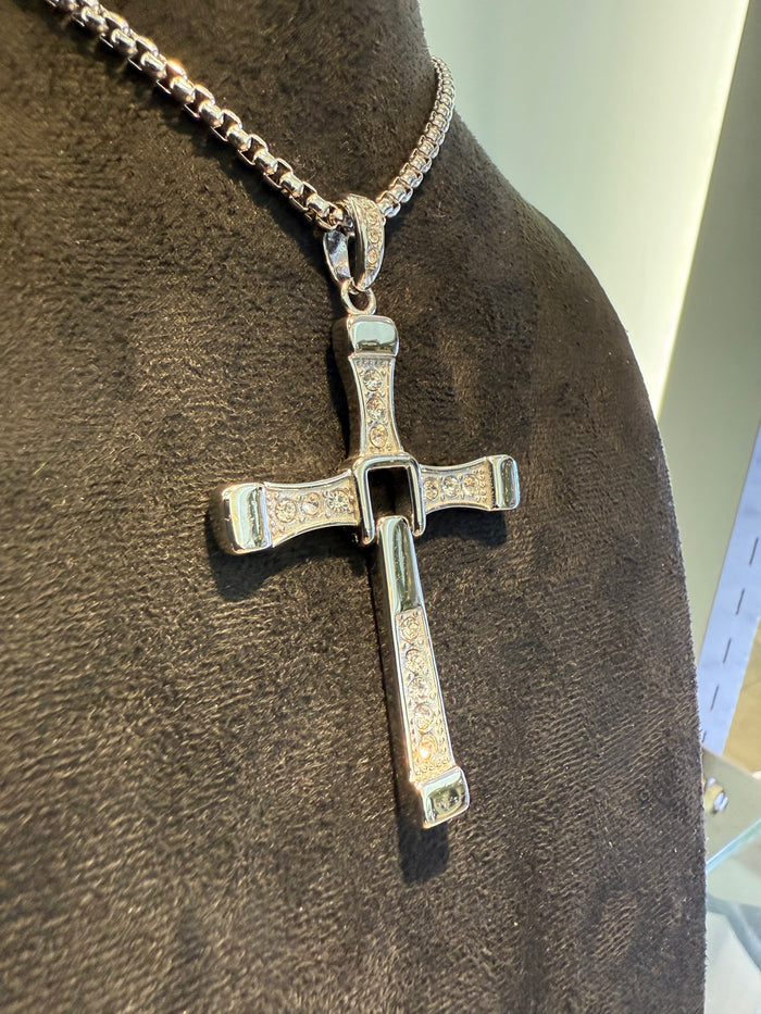 Hinged Titanium & Cubic Zirconia Cross Pendant and Necklace Set