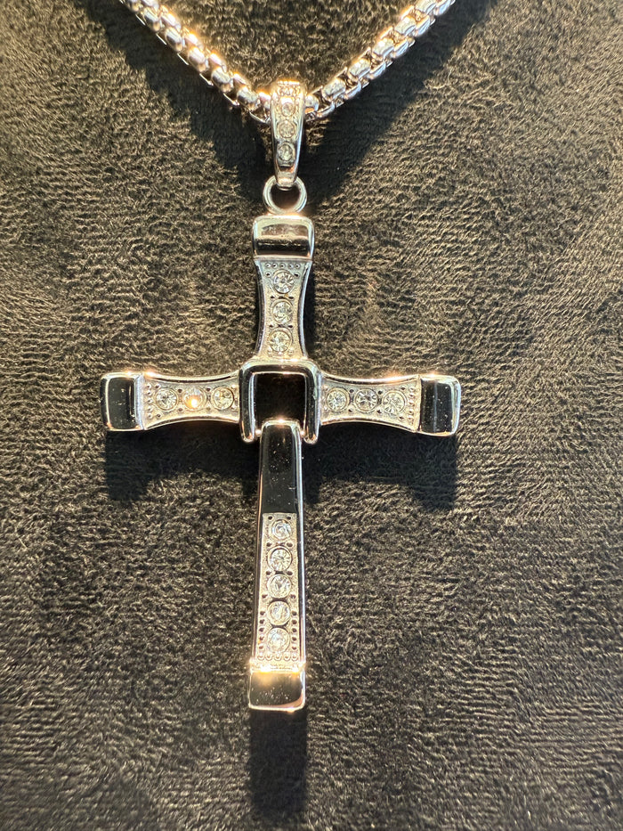 Hinged Titanium & Cubic Zirconia Cross Pendant and Necklace Set