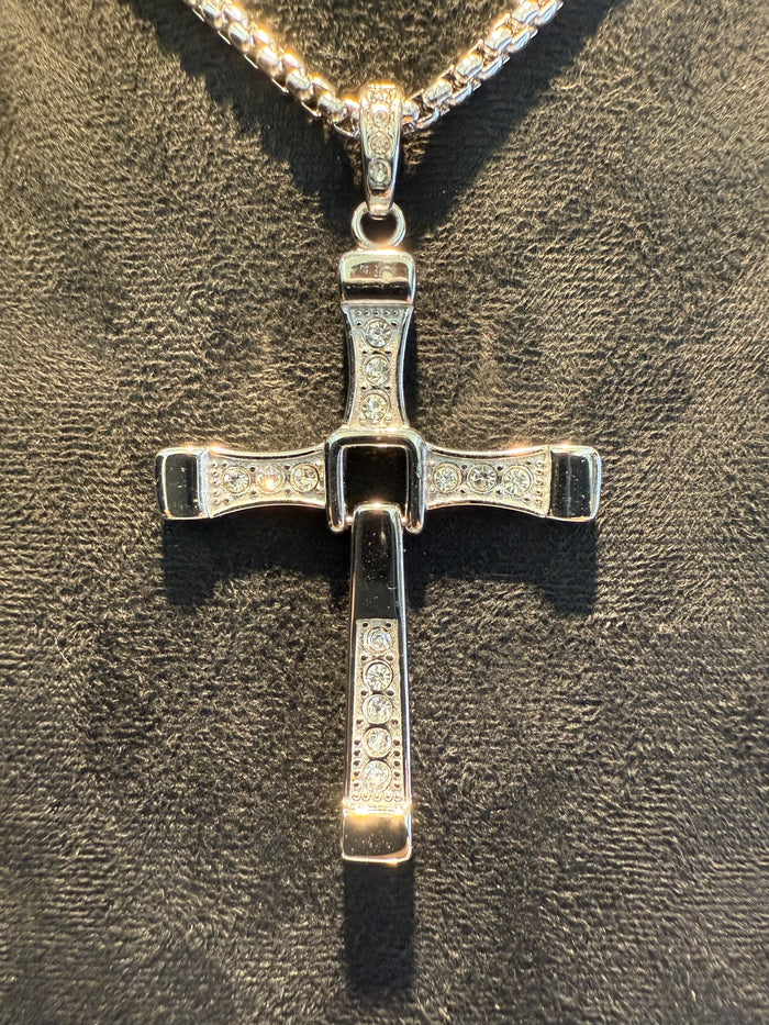 Hinged Titanium & Cubic Zirconia Cross Pendant and Necklace Set