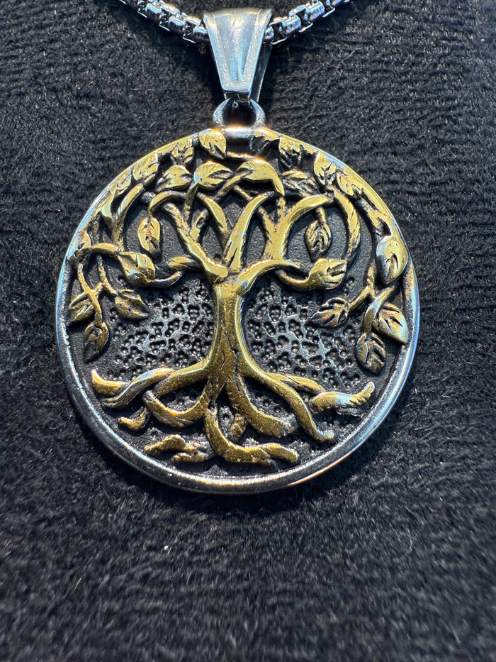 Two Tone Titanium Tree of Life Amulet And Necklace Set