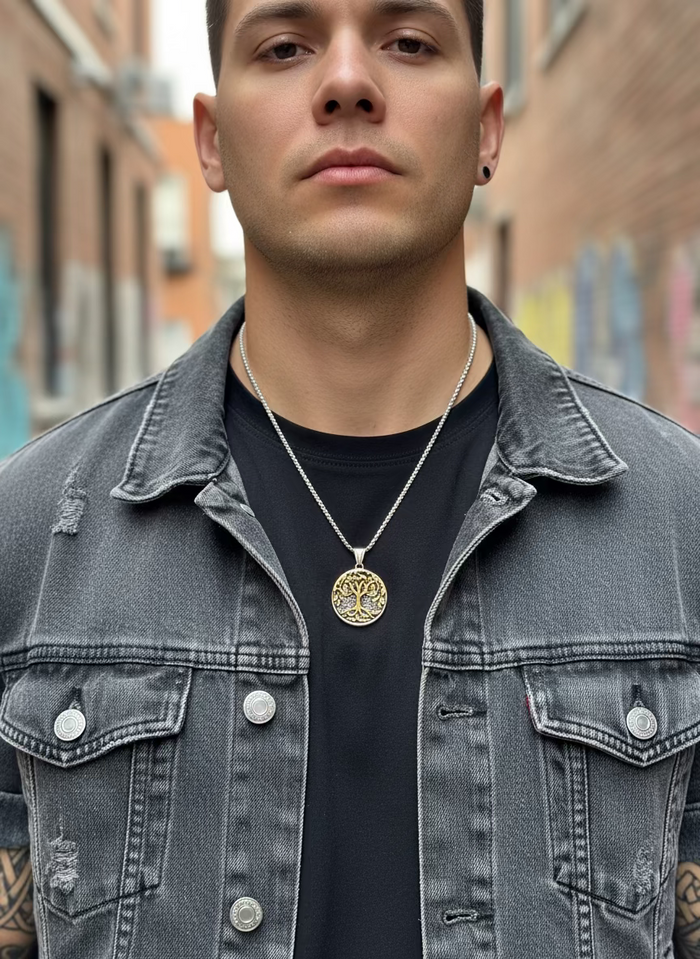 Two Tone Titanium Tree of Life Amulet And Necklace Set