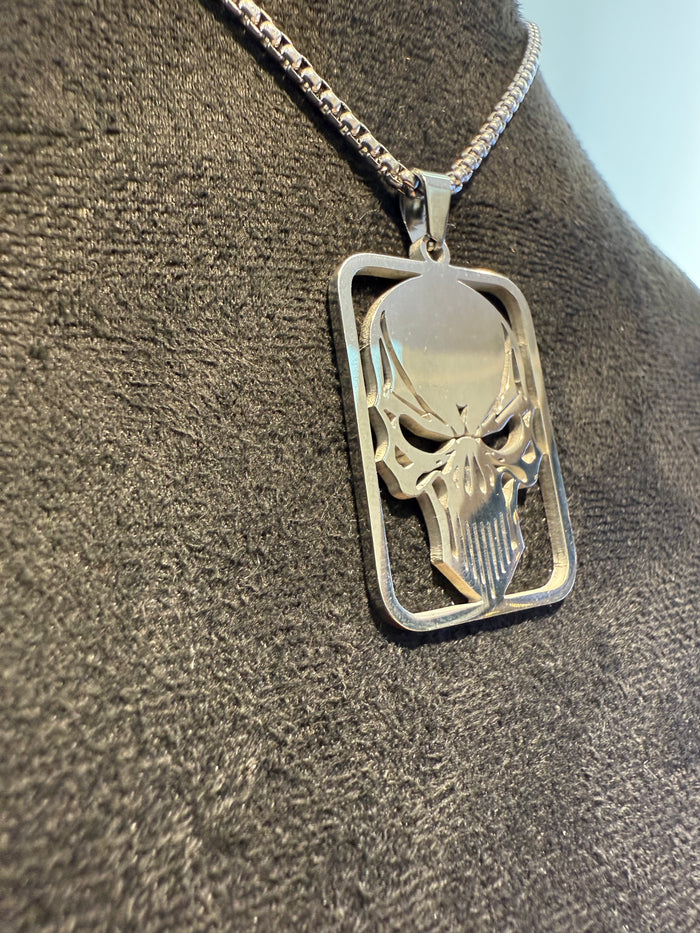 Stainless Steel Skull Medal and Necklace