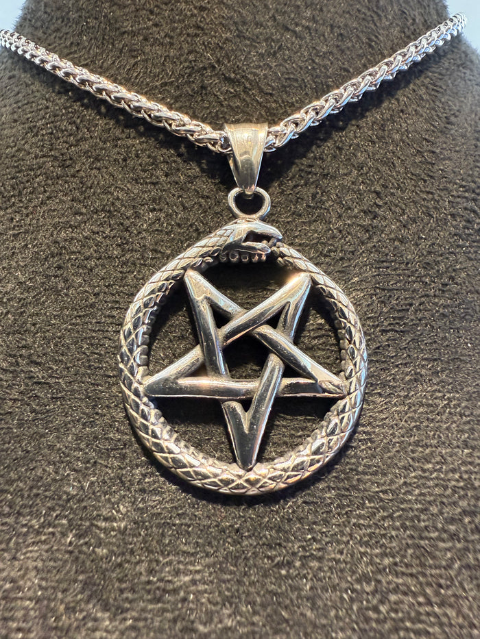 Titanium Ouroboros Pentagram Amulet & Necklace