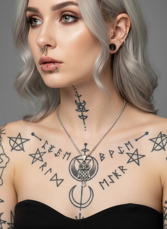 Titanium Owl Pendant with Black Stone Eyes & Necklace Set
