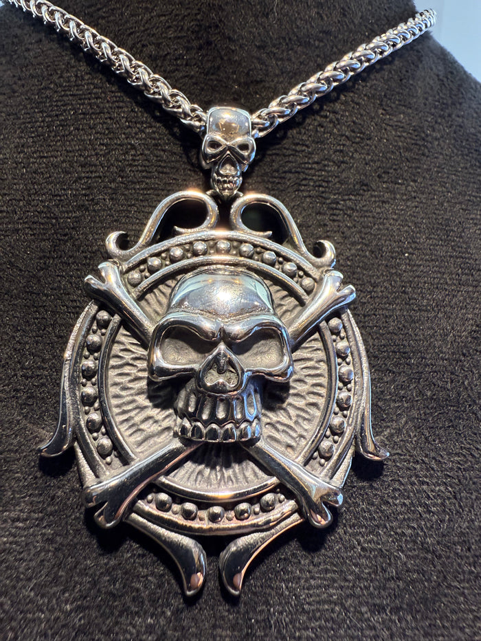 Titanium Skull & Bones Shield Pendant & Necklace Set