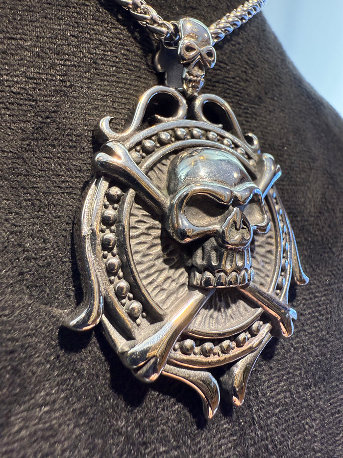 Titanium Skull & Bones Shield Pendant & Necklace Set