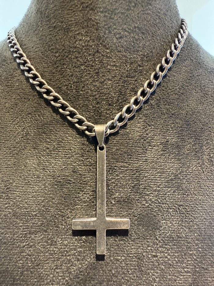 Titanium Inverted Gun Metal Cross & Necklace Set