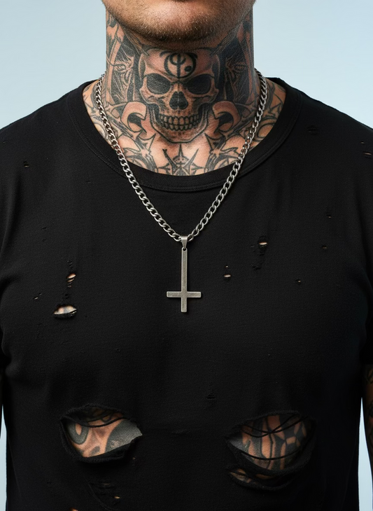Titanium Inverted Gun Metal Cross & Necklace Set