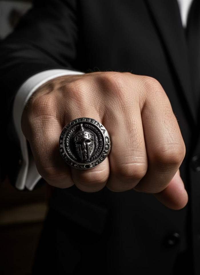 Hand wearing a Spartan Signet ring with a dark background