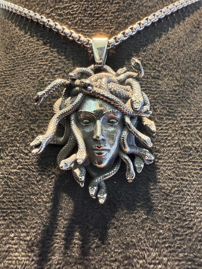 Titanium Medusa head pendant on a titanium box link chain