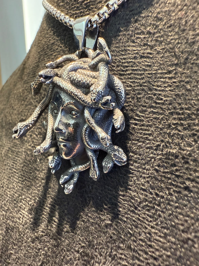 Titanium Medusa head pendant on a titanium box link chain