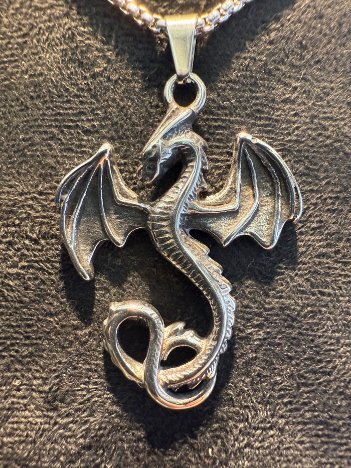 Silver Titanium dragon pendant on a box link chain
