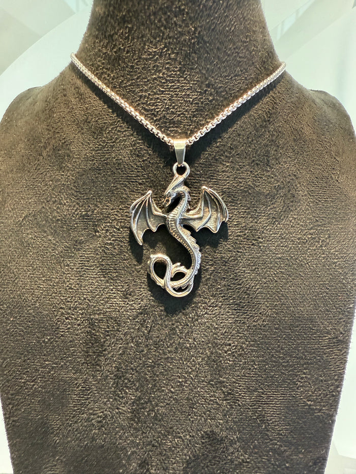 Silver titanium dragon pendant on a titanium box link chain