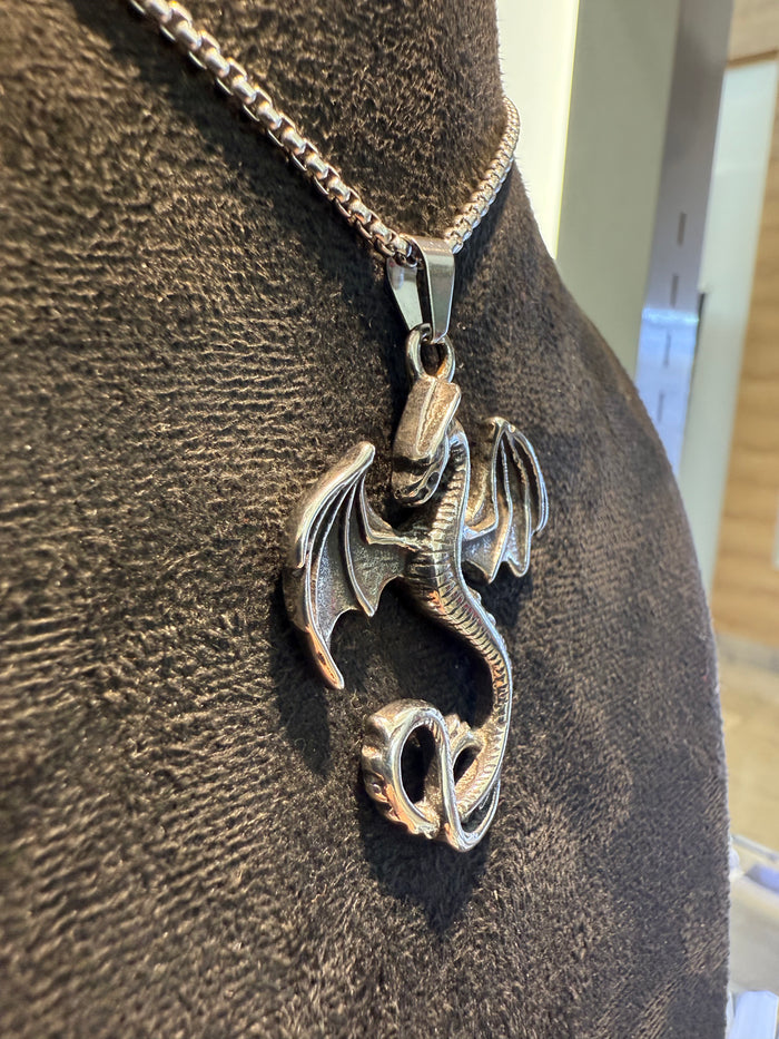 Silver titanium dragon pendant on a box link chain