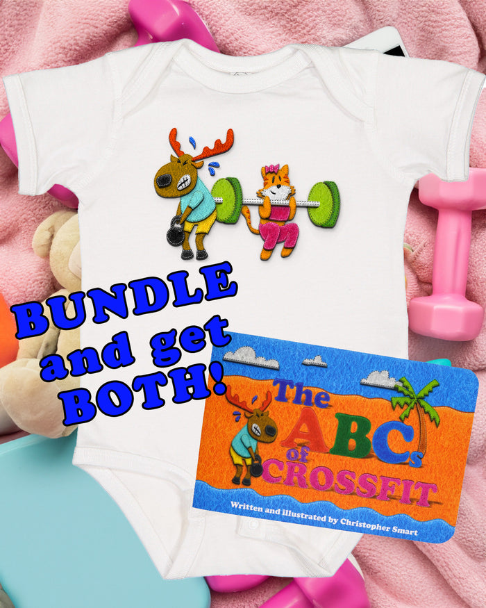 The Retro Grappler ABCs of CrossFit New Parent Bundle features a white baby onesie with cartoon animals lifting weights and a colorful board book, making it the perfect unique baby shower gift.