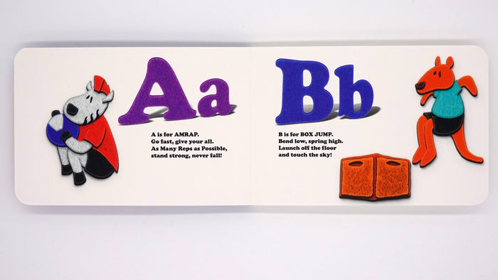 The ABCs of CrossFit Children’s Book uses vibrant illustrations—like a caped zebra for AMRAP and a kangaroo at orange boxes for BOX JUMP—to introduce kids to fitness, making exercise fun from A to Z!.
