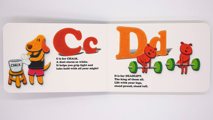 A page from The ABCs of CrossFit Childrens Book features, left, a dog with a chalk bucket and big Cc for chalk, and right, two animals deadlifting under big Dd—playfully introducing fitness concepts to kids.