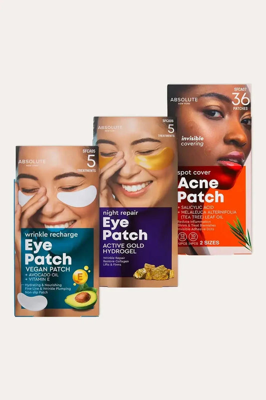 “Absolute New York skincare trio featuring Cruelty Free EYE PATCHES (vegan under-eye patches and gold hydrogel eye patches) plus spot cover acne patches in retail packaging.”