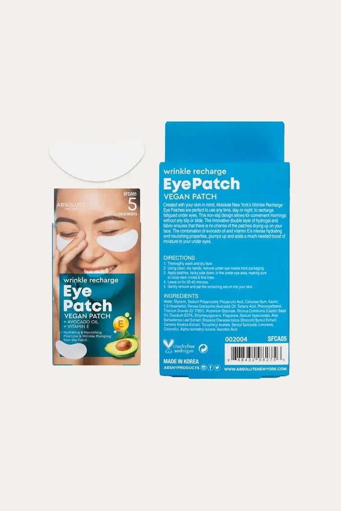 “Absolute New York Wrinkle Recharge Eye Patch Vegan Patch set shown with inner tray and box back; Vitamin E Under Eye PATCHES for under-eye care, 5 treatments.”