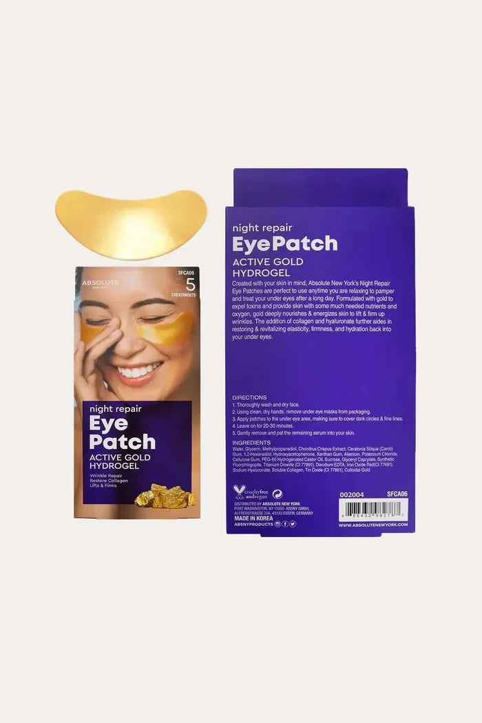 “Absolute New York Night Repair Eye Patch Active Gold Hydrogel displayed with patch and packaging back; Luxury Gold EYE PATCH style under-eye gel patch, 5 treatments.”