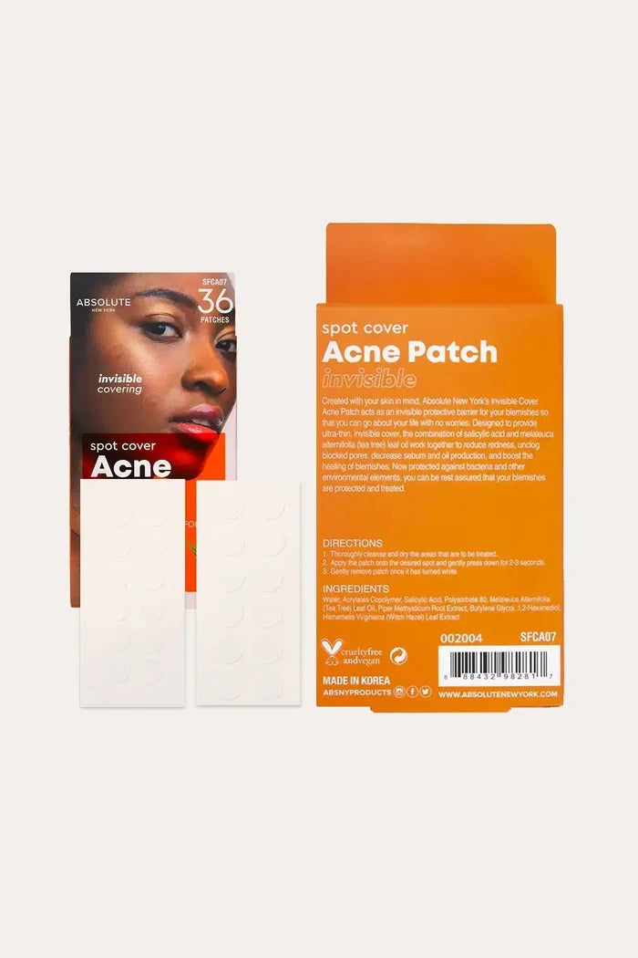 “Absolute New York Spot Cover Acne Patch kit with box and individual patch sheets; Hydrocolloid Acne PatchES for discreet spot coverage, 36 patches.”