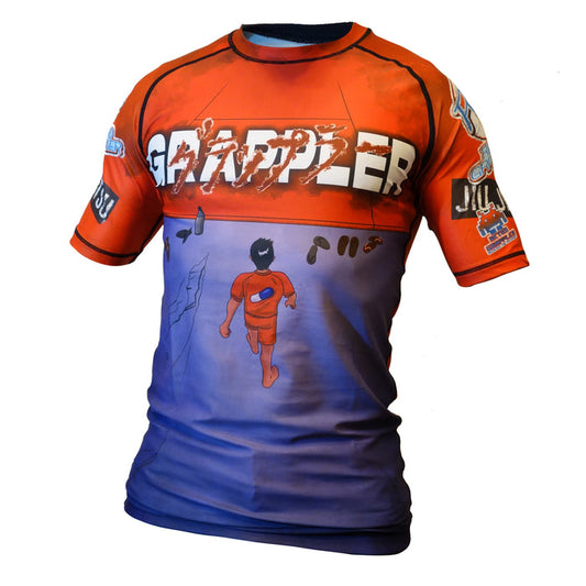 The Akira Grappler Rash Guard by Retro Grappler is a vibrant short-sleeve top made from polyester-spandex four-way stretch, featuring GRAPPLER in bold white text, a masked figure walking on water, and logo patches on the sleeves.