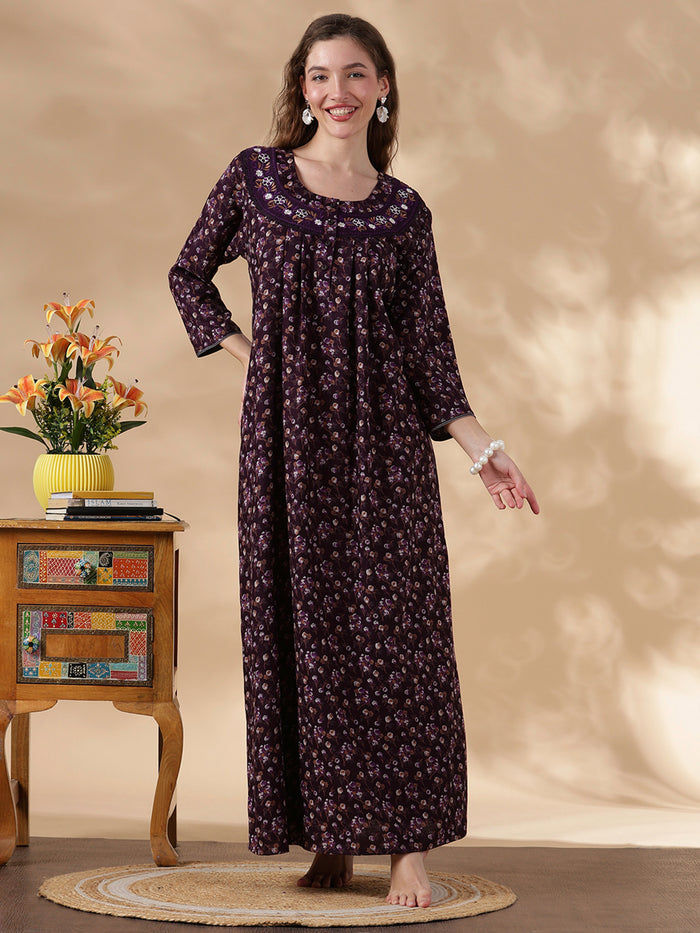 Alpine Floral Purple Embroidery Nighty For Women
