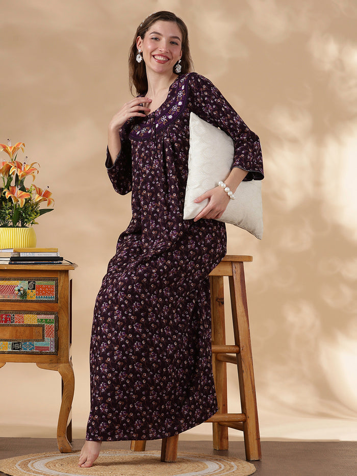 Alpine Floral Purple Embroidery Nighty For Women